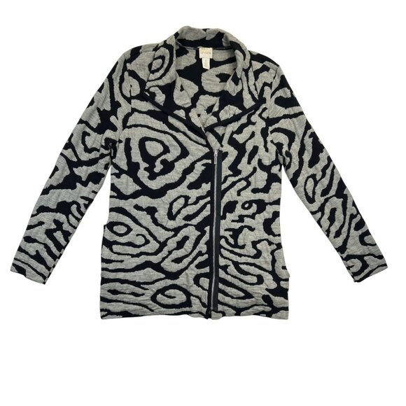 Chico's‎ Sweater Womens Size 1 Black Gray Boiled Wool-Blend Patterned Cardigan - Picture 1 of 9